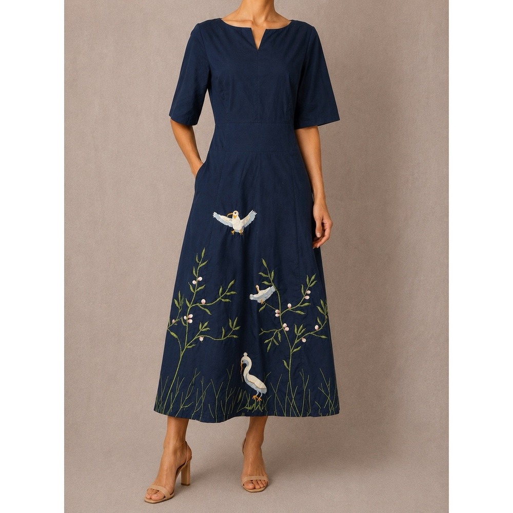 Wayward Fancies eShakti Dress Womens XL Navy Blue Bird Floral Embroidered Midi